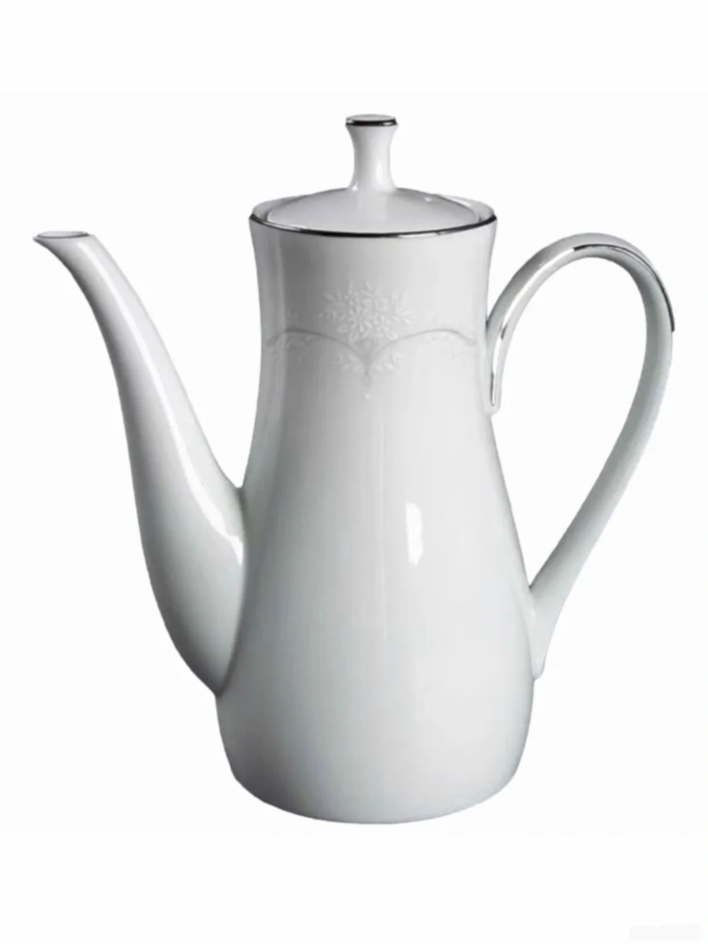 Noritake Whitebrook Coffee Pot & Lid 6441 White Platinum Floral Porcelain EUC
